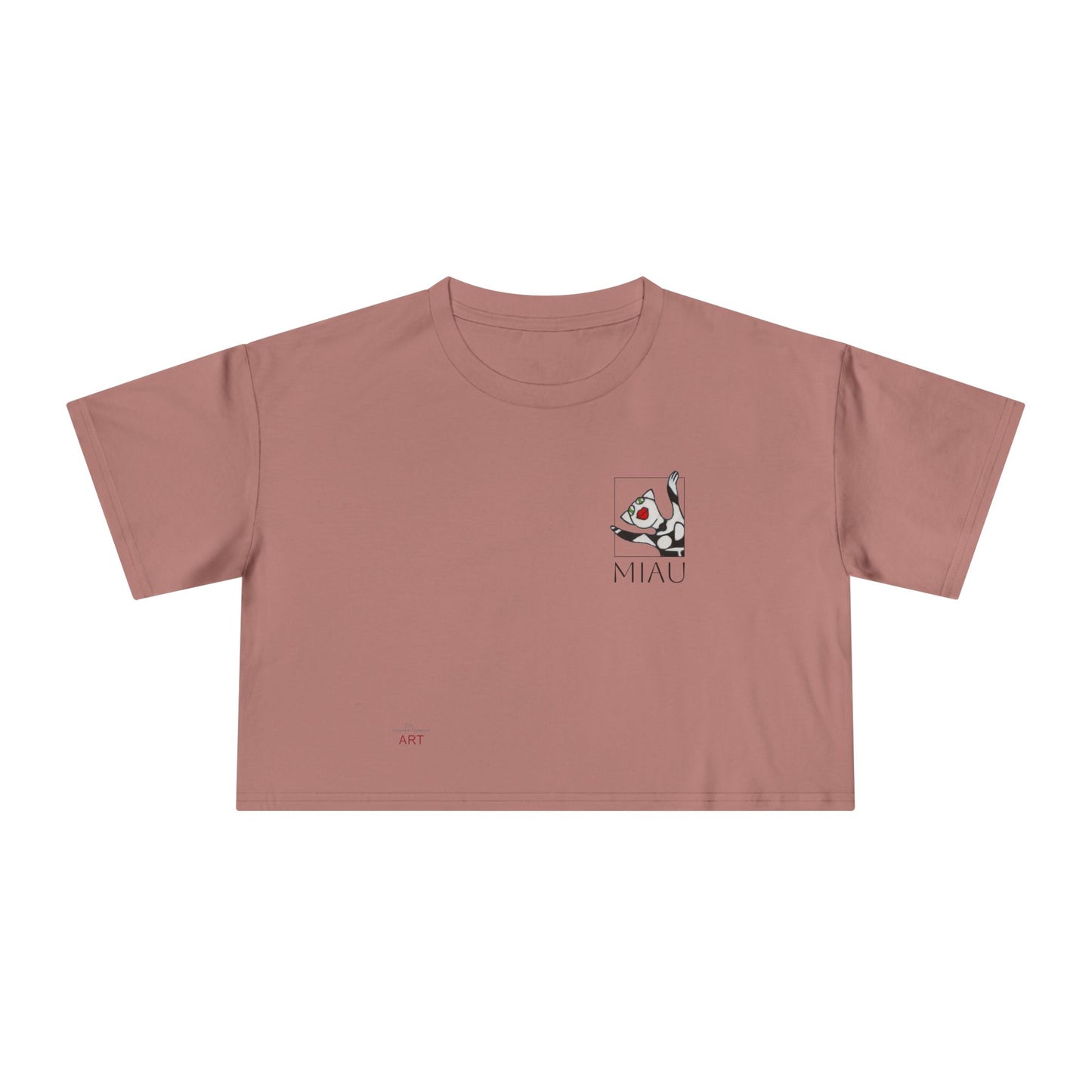 Women's Crop Tee - Motiv: Motiv: Front "Miau" klein, schwarz, H 8 cm, Rückseite "Miau"