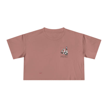 Women's Crop Tee - Motiv: Motiv: Front "Miau" klein, schwarz, H 8 cm, Rückseite "Miau"