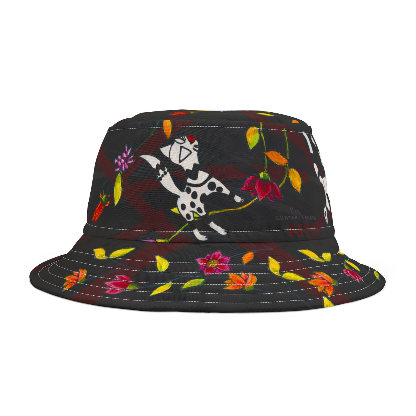 Bucket Hat (AOP) - Motiv: Katze fliegt, Ranken, schwarz