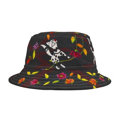 Bucket Hat (AOP) - Motiv: Katze fliegt, Ranken, schwarz