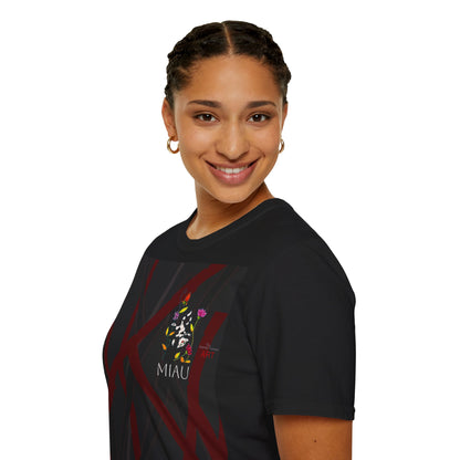 Unisex Softstyle T-Shirt - Motiv: Front, Katze schwebt, Ranken, Miau, H 11 cm, Mikado 3 & Rückseite Schrift Miau, N-Label