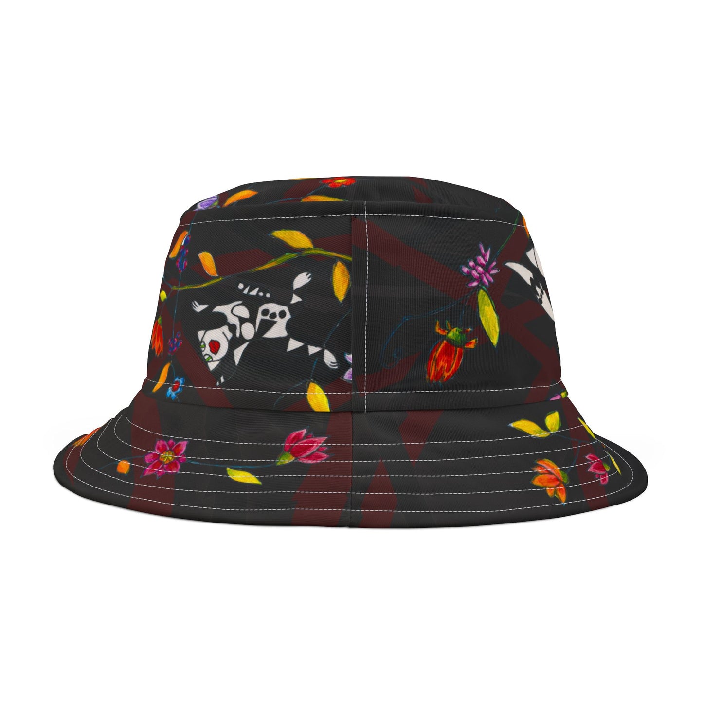 Bucket Hat (AOP) - Motiv: Katze fliegt, Ranken, schwarz