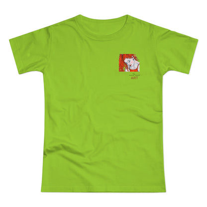 Single Jersey Women's T-shirt - hell - Motiv:  Front Julia, Ausschnitt 6,7 cm & Rückseite Julia, H 37 cm