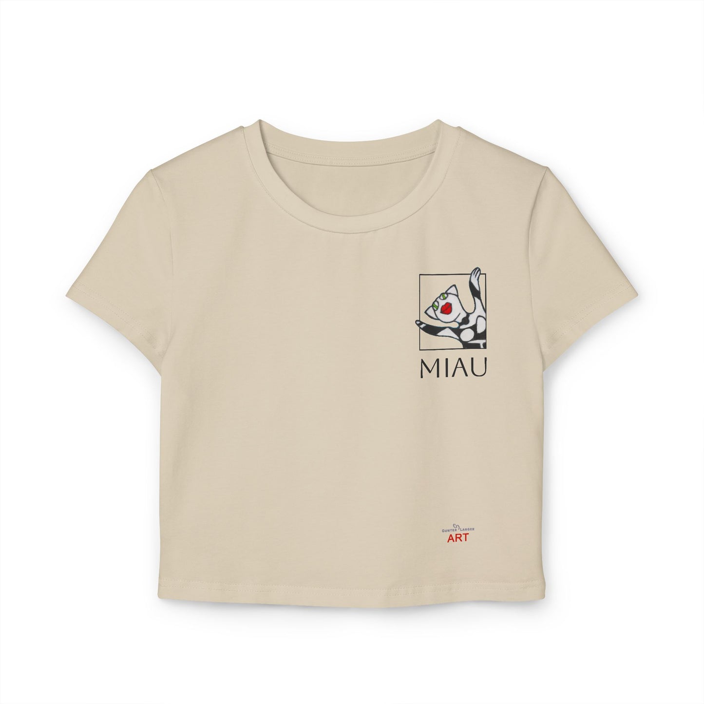 Women's Baby Tee - Motiv: Motiv: Front "Miau" klein, schwarz, H 8 cm, Rückseite "Miau"