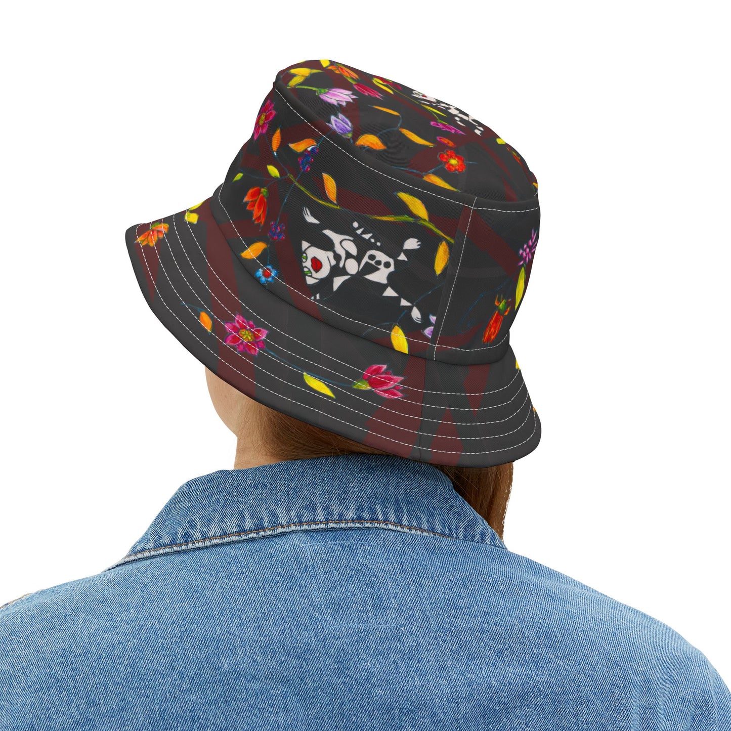 Bucket Hat (AOP) - Motiv: Katze fliegt, Ranken, schwarz