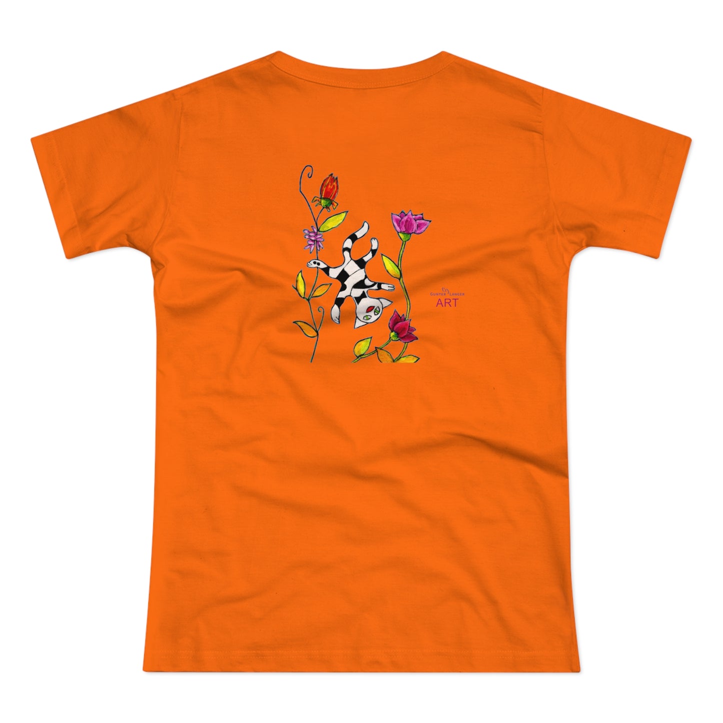 Single Jersey Women's T-shirt - hell - Motiv: Katze schwebt und Ranken, Vorderseite H 11 cm & Rückseite H 21,85 cm