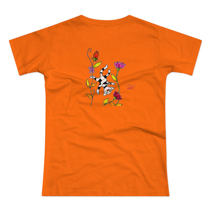 Single Jersey Women's T-shirt - hell - Motiv: Katze schwebt und Ranken, Vorderseite H 11 cm & Rückseite H 21,85 cm