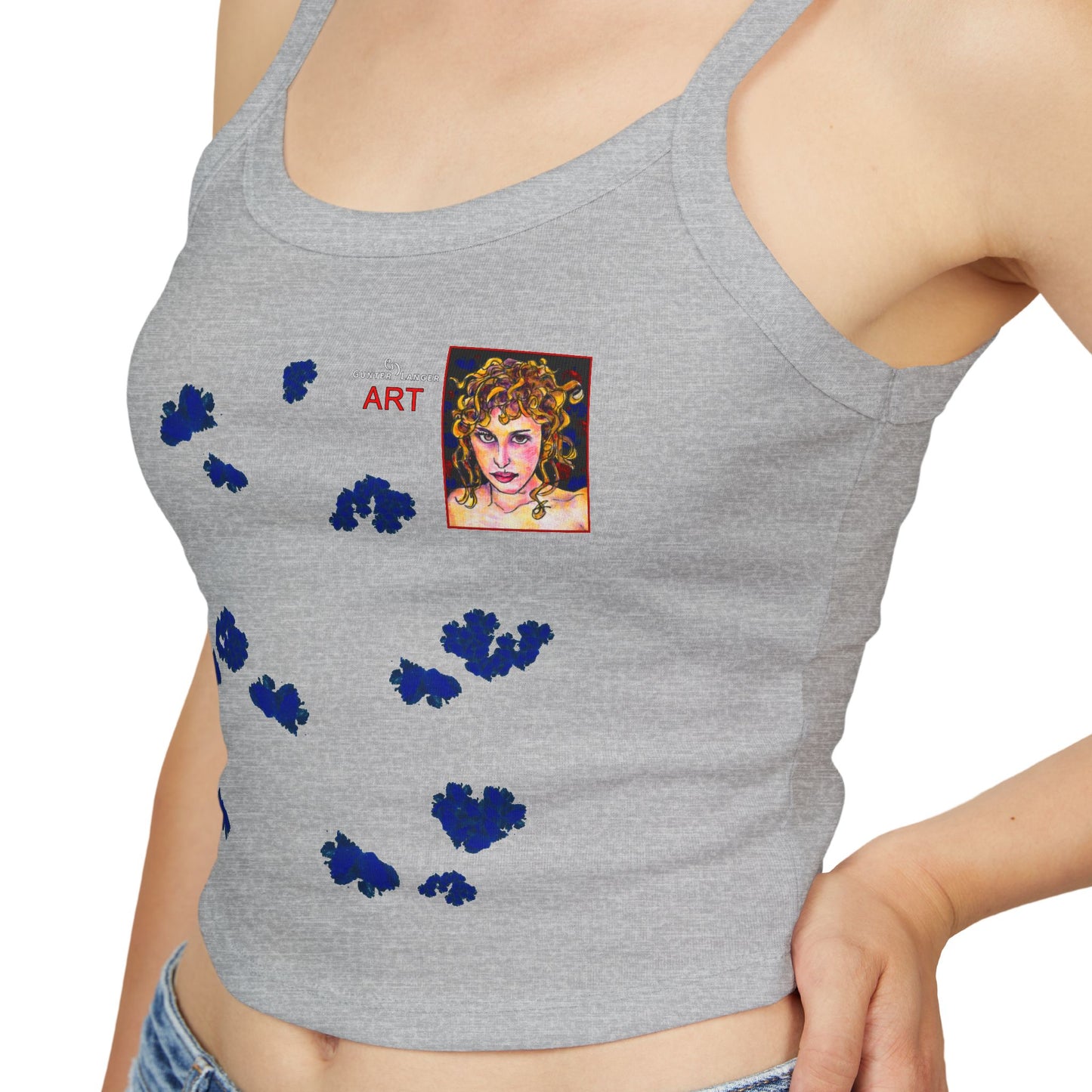 Women's Spaghetti Strap Tank Top - Motiv Front Antonietta, blaue Punkte & Rückseite Mikado