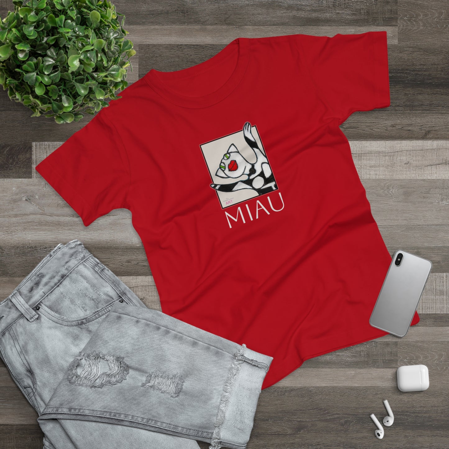 Single Jersey Women's T-shirt - dunkel - Motiv: Front Miau, H 15,3 cm, Rückseite Miau, H27,94 cm