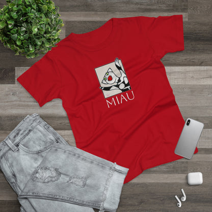 Single Jersey Women's T-shirt - dunkel - Motiv: Front Miau, H 15,3 cm, Rückseite Miau, H27,94 cm