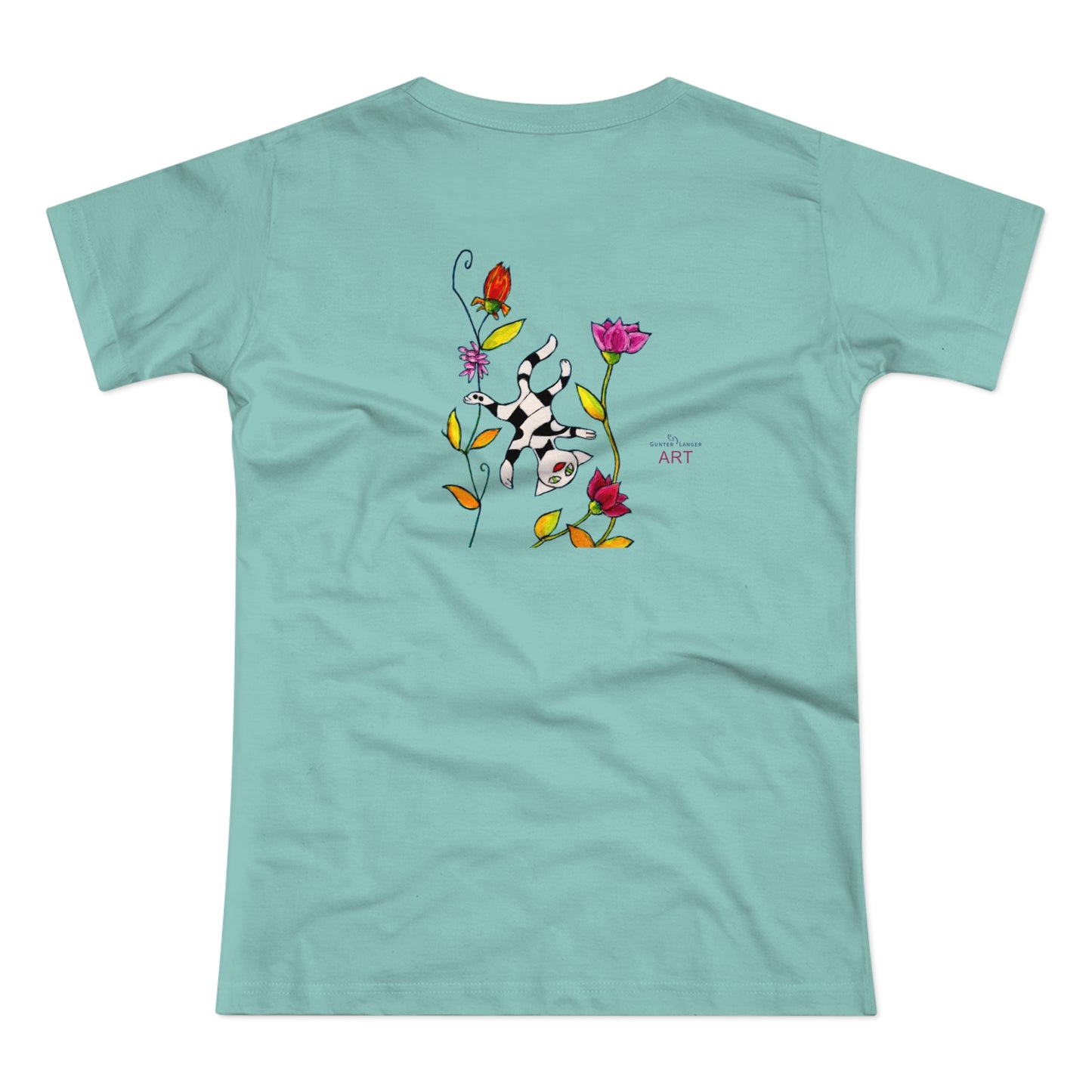 Single Jersey Women's T-shirt - hell - Motiv: Katze schwebt und Ranken, Vorderseite H 11 cm & Rückseite H 21,85 cm