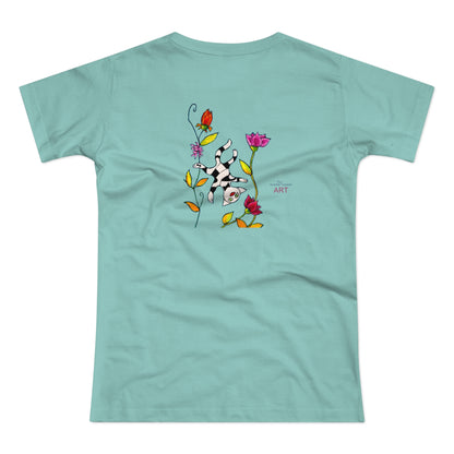 Single Jersey Women's T-shirt - hell - Motiv: Katze schwebt und Ranken, Vorderseite H 11 cm & Rückseite H 21,85 cm