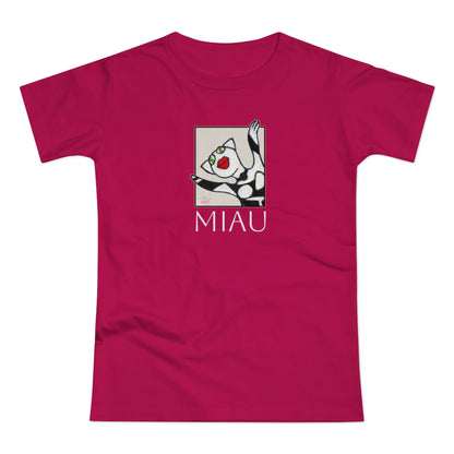 Single Jersey Women's T-shirt - dunkel - Motiv: Front Miau, H 15,3 cm, Rückseite Miau, H27,94 cm