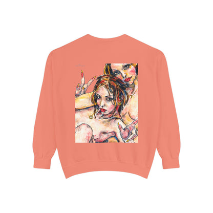 Unisex Garment-Dyed Sweatshirt - Motiv: Front Camilla (H 11,4 cm) & Rückseite Camilla / Leni, H 41 cm