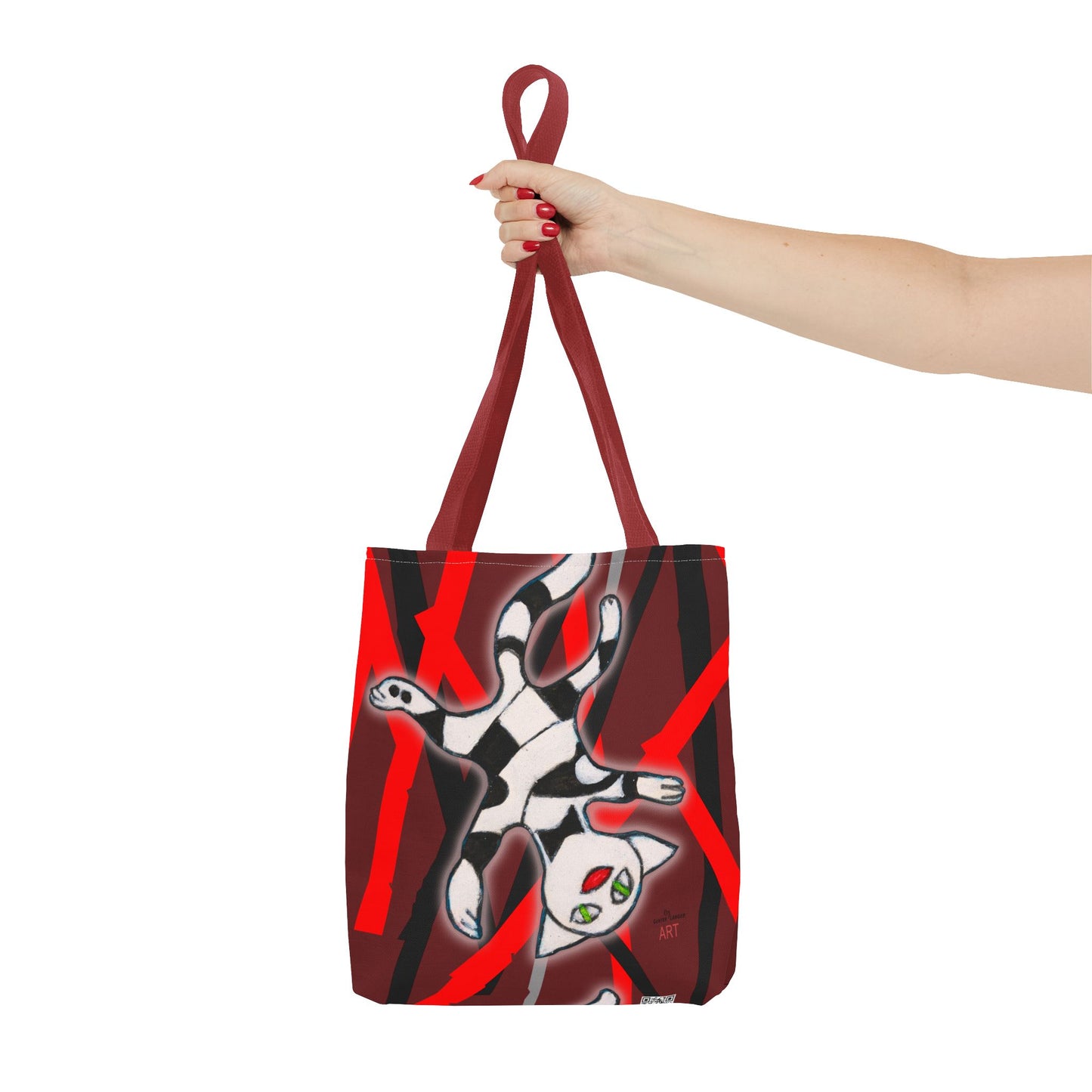 Tote Bag (AOP) - Motiv: Mikado Rot, mit Katze schwebt