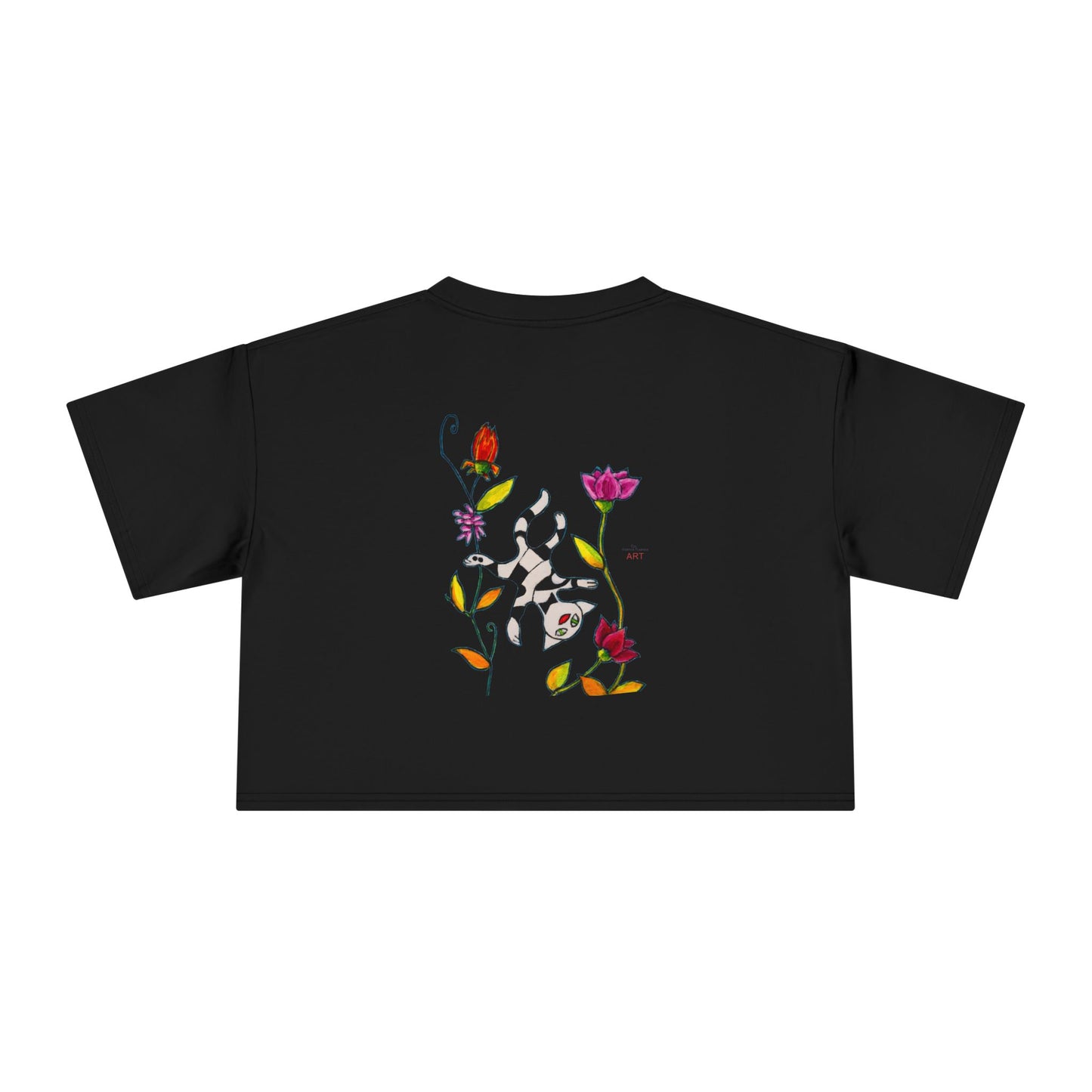 Women's Crop Tee - Motiv: Vorderseite H17,5 cm & Rückseite H26,5 cm, Katze schwebt & Ranken