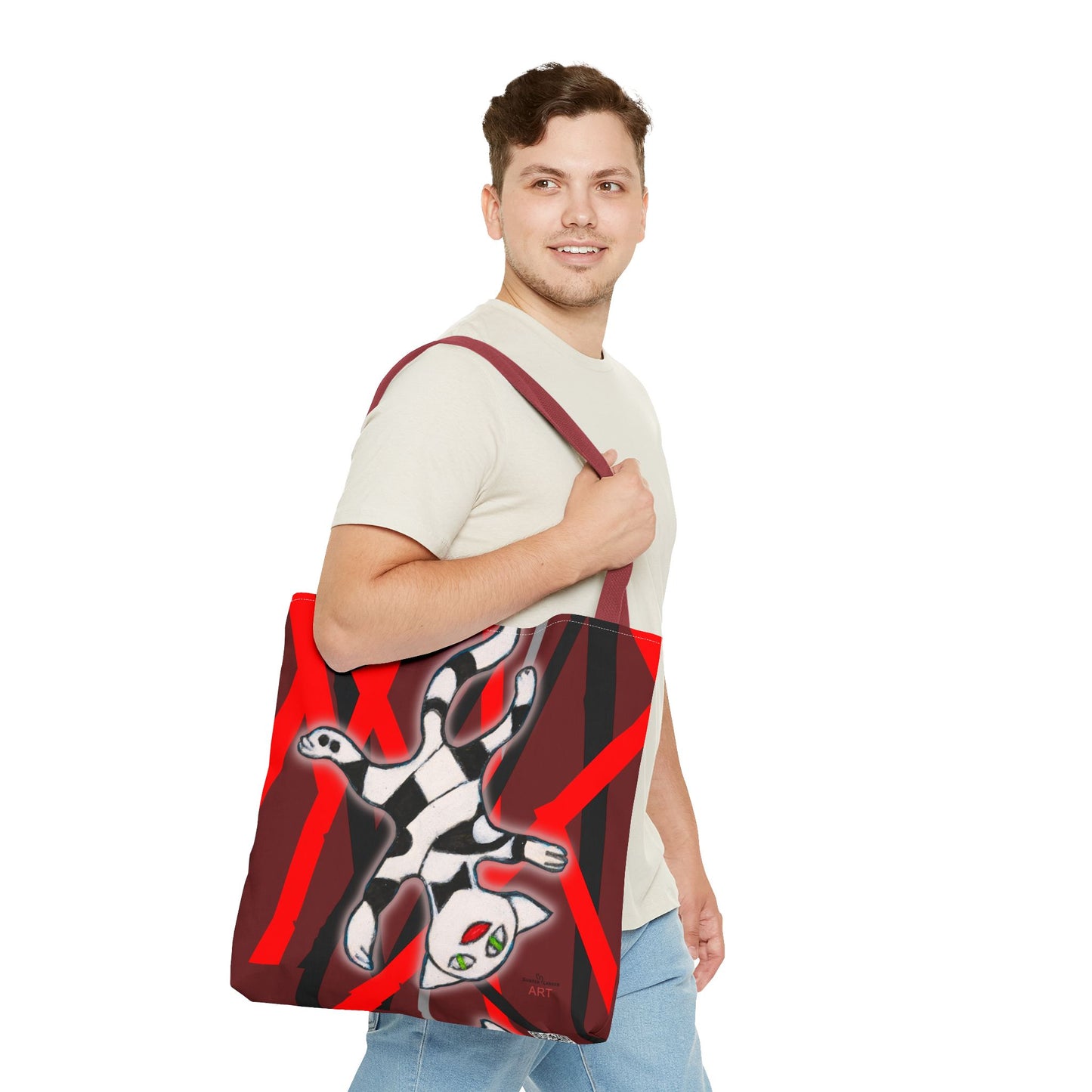 Tote Bag (AOP) - Motiv: Mikado Rot, mit Katze schwebt