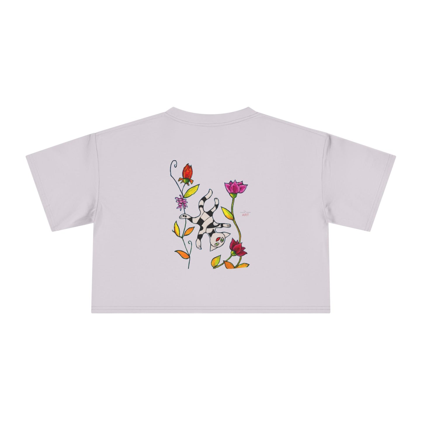 Women's Crop Tee - Motiv: Vorderseite H17,5 cm & Rückseite H26,5 cm, Katze schwebt & Ranken