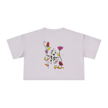 Women's Crop Tee - Motiv: Vorderseite H17,5 cm & Rückseite H26,5 cm, Katze schwebt & Ranken