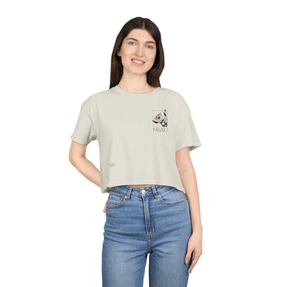 Women's Crop Tee - Motiv: Motiv: Front "Miau" klein, schwarz, H 8 cm, Rückseite "Miau"