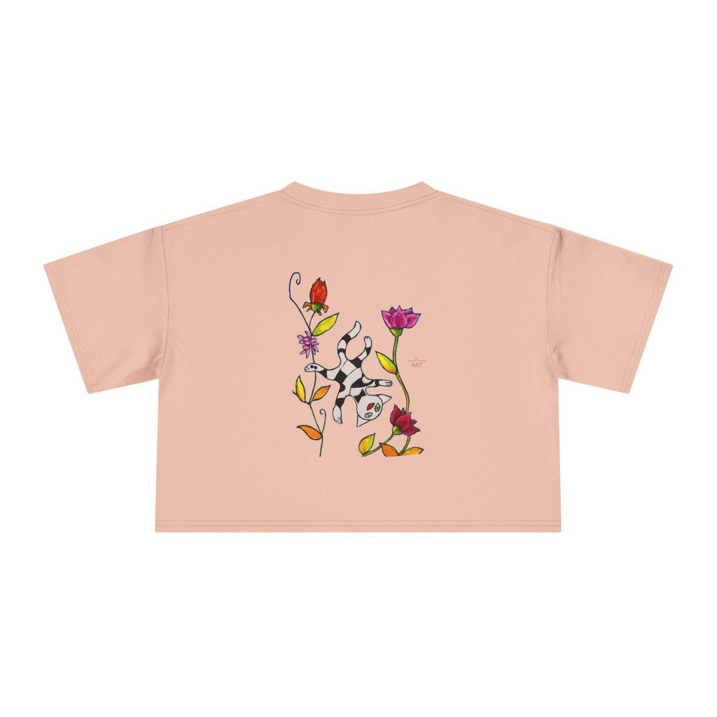 Women's Crop Tee - Motiv: Vorderseite H17,5 cm & Rückseite H26,5 cm, Katze schwebt & Ranken