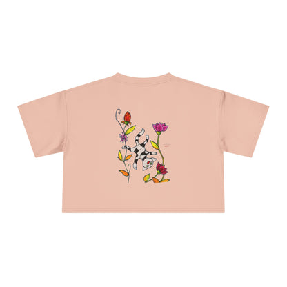 Women's Crop Tee - Motiv: Vorderseite H17,5 cm & Rückseite H26,5 cm, Katze schwebt & Ranken