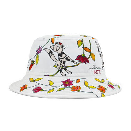Bucket Hat (AOP) - Motiv: Katze fliegt, Ranken, Weiss