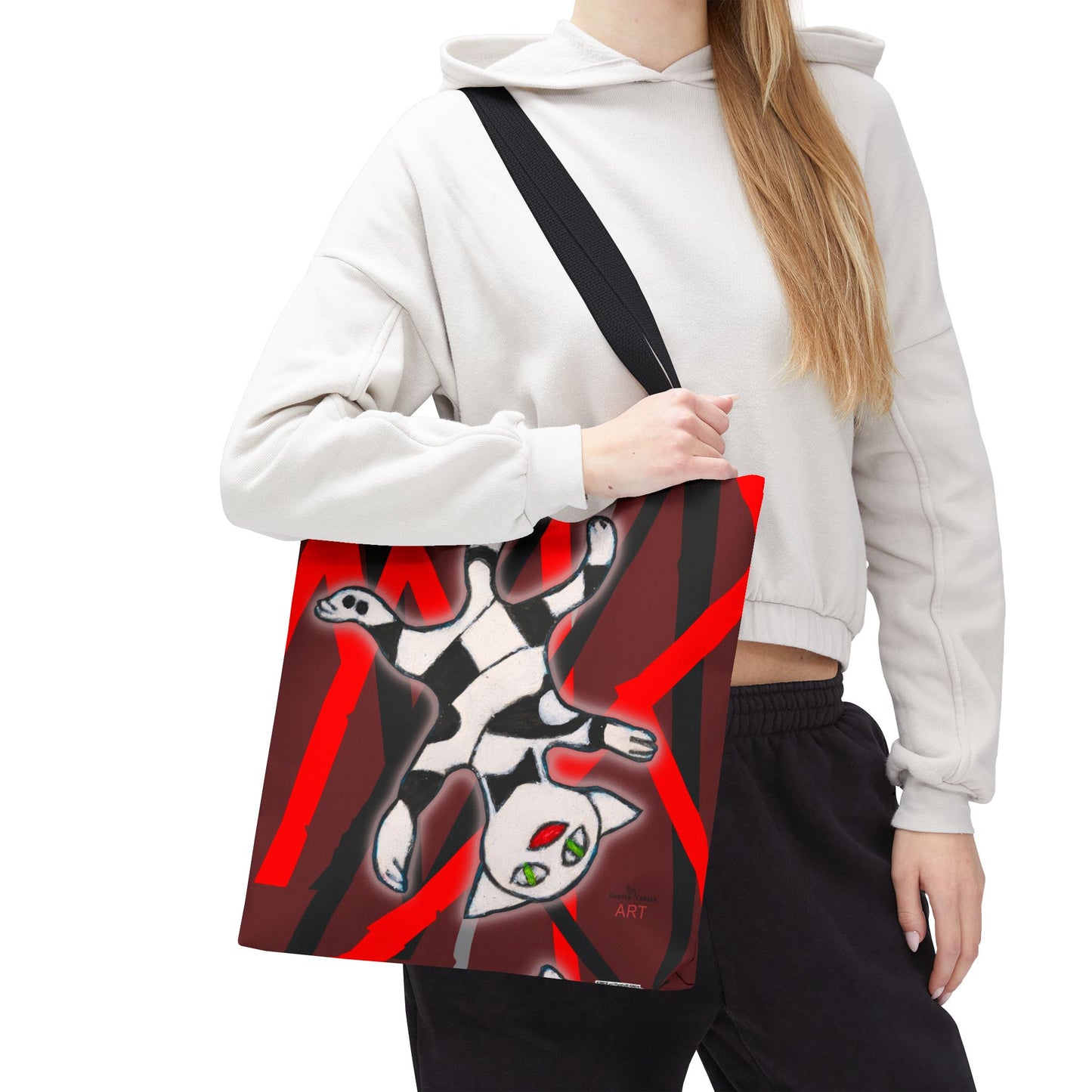 Tote Bag (AOP) - Motiv: Mikado Rot, mit Katze schwebt