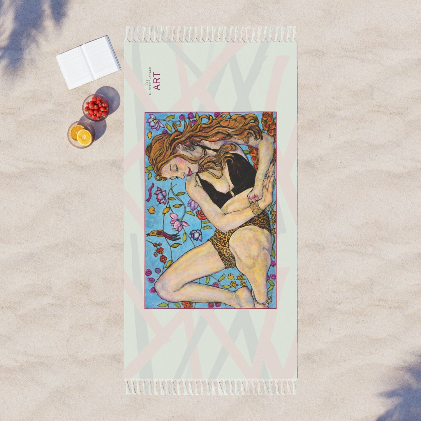 Boho Beach Cloth - Motiv: Ida, mittelgroß, roter Rahmen, Tuch: Mikado hellgrün, 97 x 206 cm