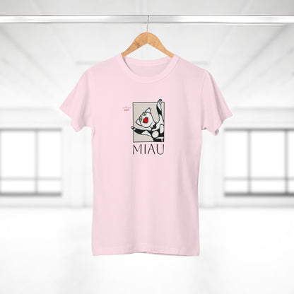 Single Jersey Women's T-shirt - hell - Motiv: Front Miau, H 15,3 cm, Rückseite Miau, H27,94 cm