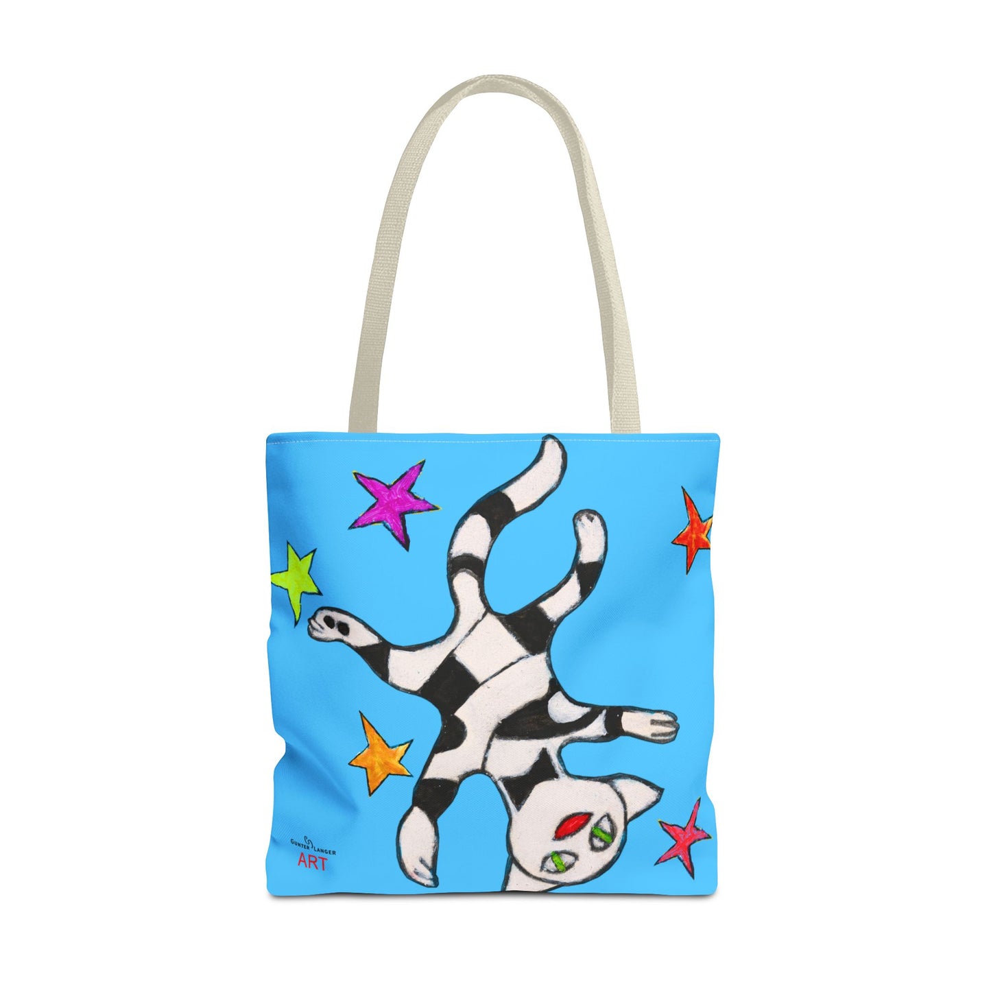 Tote Bag (AOP) - Motiv:  Front Katze schwebt & Rückseite  Katze schwebt, Blau, Sterne
