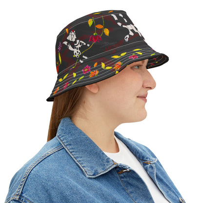 Bucket Hat (AOP) - Motiv: Katze fliegt, Ranken, schwarz