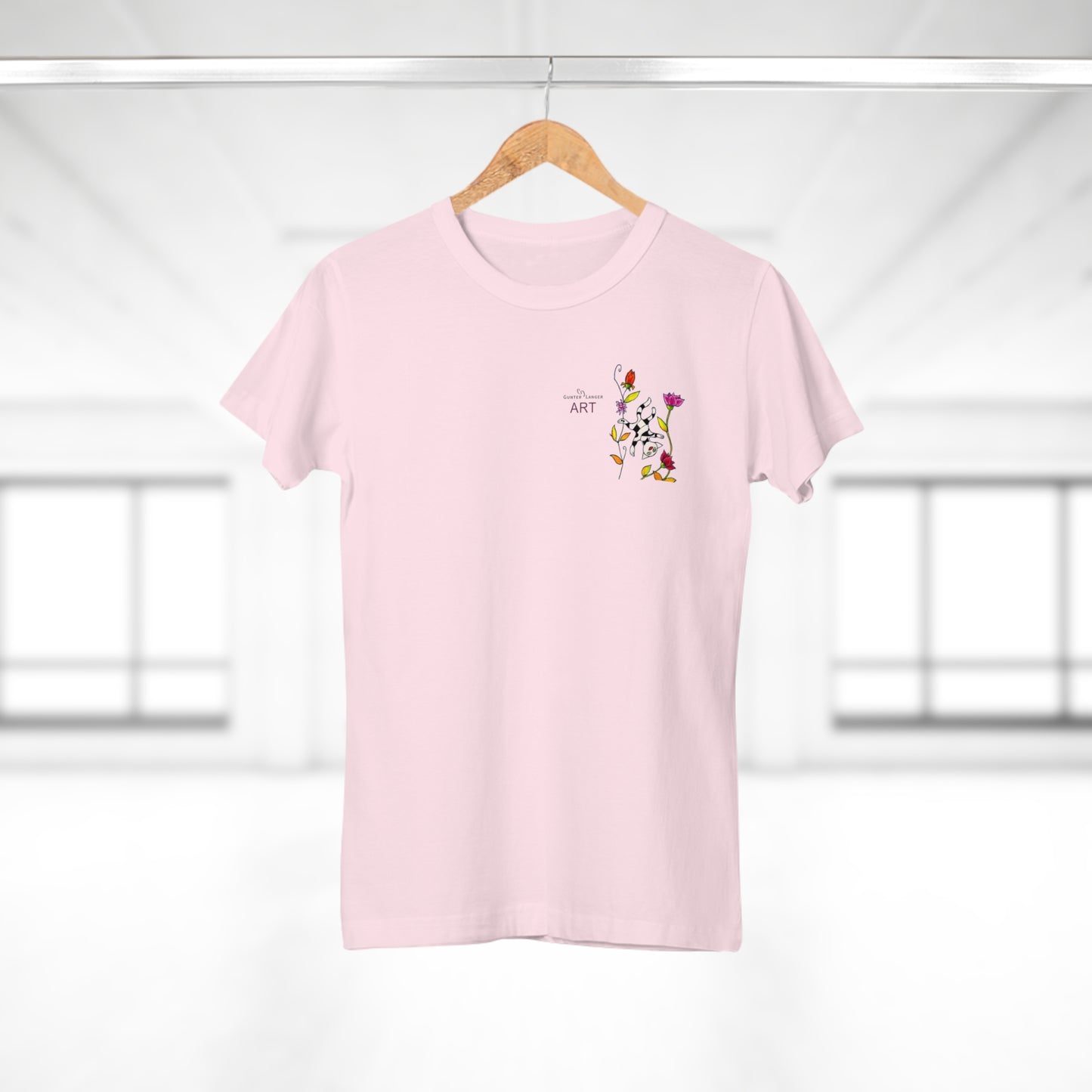 Single Jersey Women's T-shirt - hell - Motiv: Katze schwebt und Ranken, Vorderseite H 11 cm & Rückseite H 21,85 cm