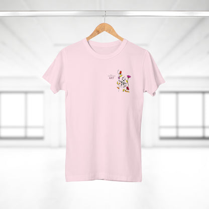 Single Jersey Women's T-shirt - hell - Motiv: Katze schwebt und Ranken, Vorderseite H 11 cm & Rückseite H 21,85 cm