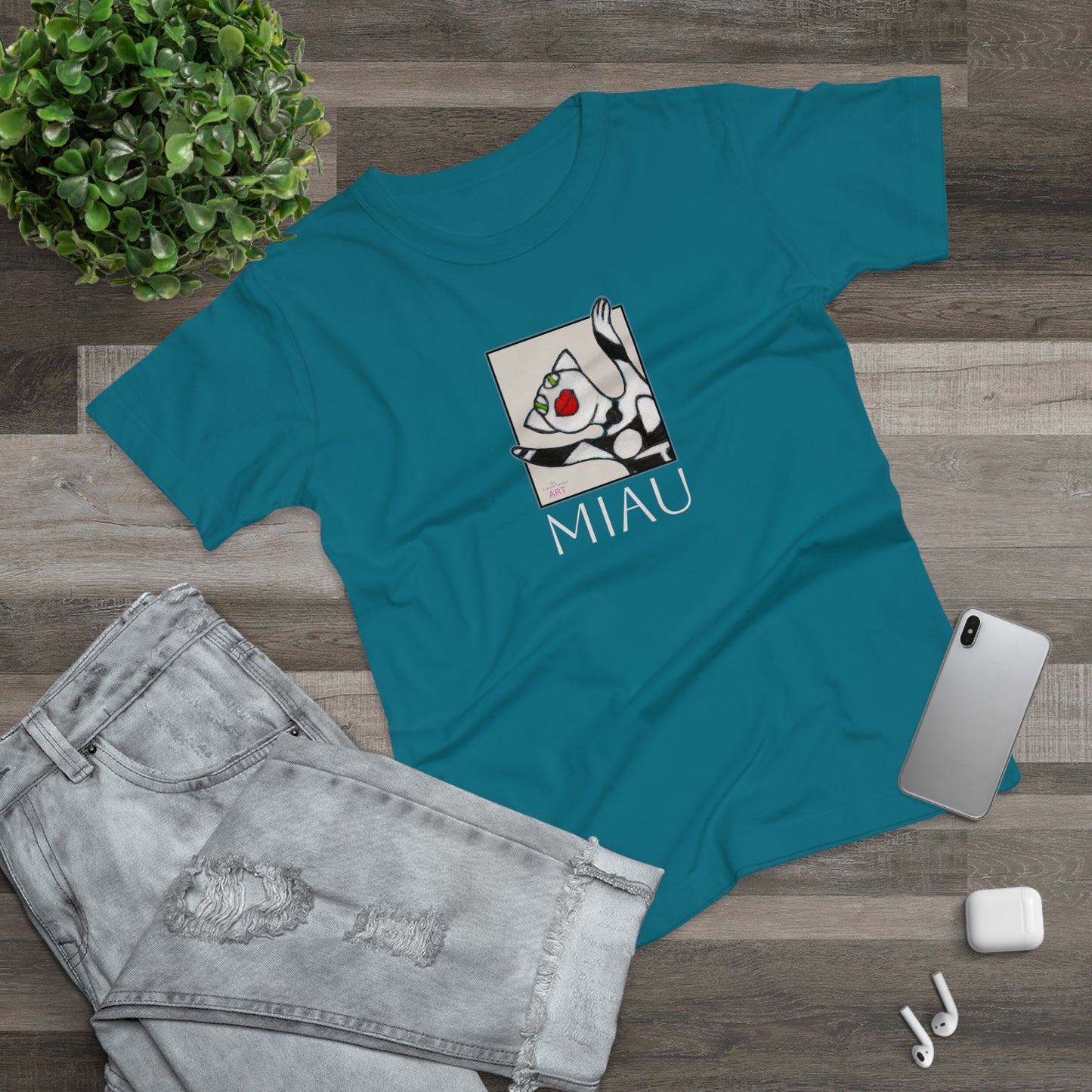 Single Jersey Women's T-shirt - dunkel - Motiv: Front Miau, H 15,3 cm, Rückseite Miau, H27,94 cm