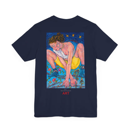 Unisex Jersey Short Sleeve Tee - Motiv: Front Alva (Ausschnitt H 7,8 cm) & Rückseite Alva, H 41 cm, Neck Label