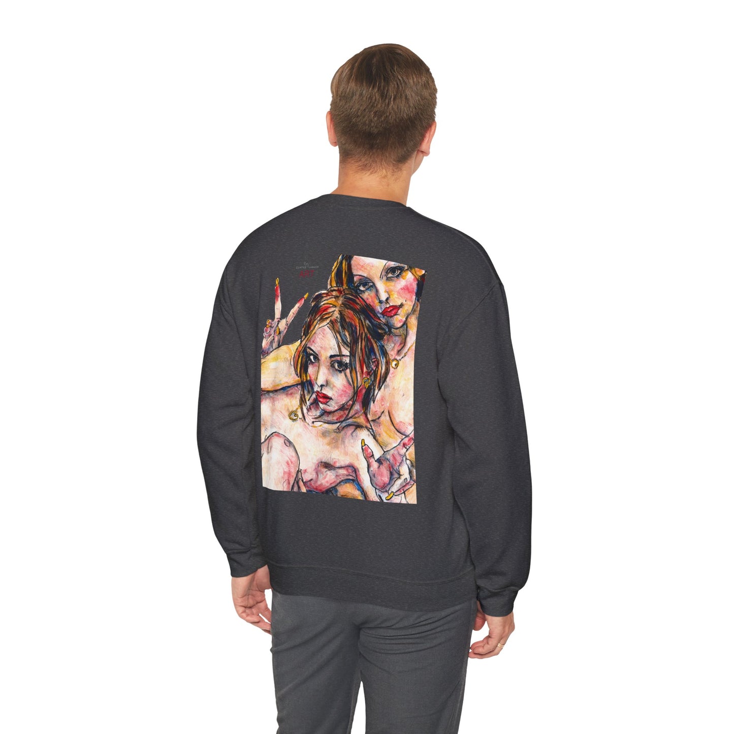 Unisex Heavy Blend™ Crewneck Sweatshirt - Motiv: Front Camilla (H 11,4 cm) & Rückseite Camilla / Leni, H 41 cm