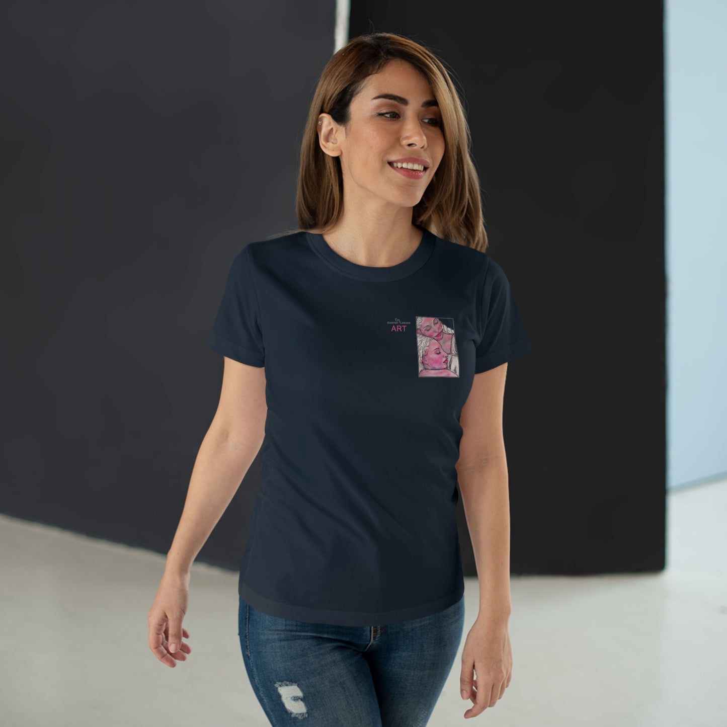 Single Jersey Women's T-shirt - dunkel - Motiv: Zuflucht, Ausschnitt, H 10 cm