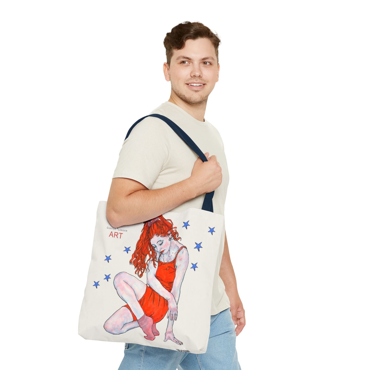 Tote Bag (AOP) - Motiv: Front Julia & Rückseite Julia 41,44cm Beige, Blaue Sterne