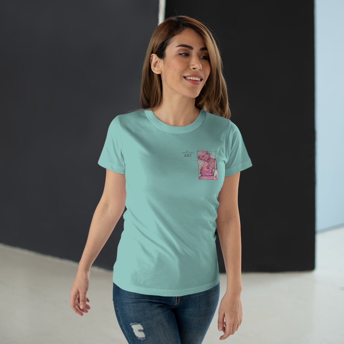 Single Jersey Women's T-shirt - hell - Motiv: Zuflucht, Ausschnitt, H 10 cm