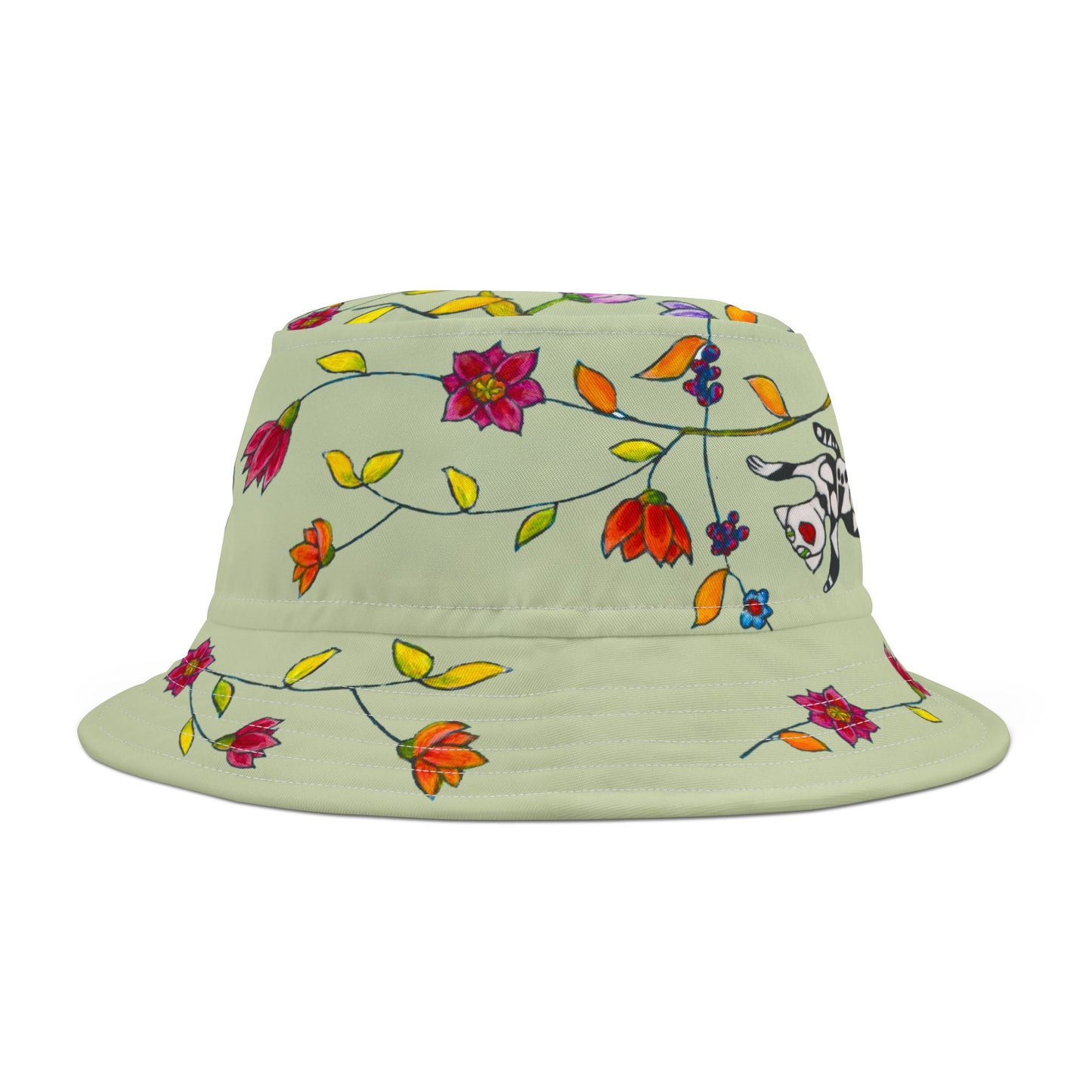 Bucket Hat (AOP) - Motiv: Katze fliegt, Ranken, grün
