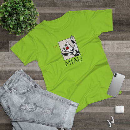 Single Jersey Women's T-shirt - hell - Motiv: Front Miau, H 15,3 cm, Rückseite Miau, H27,94 cm