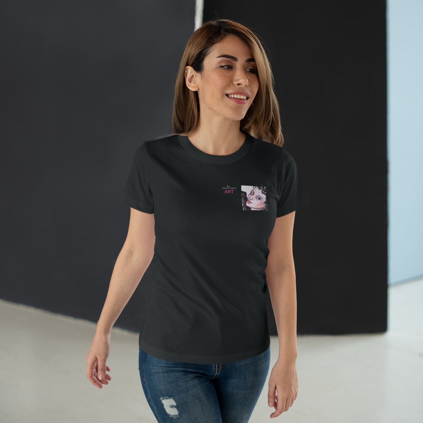 Single Jersey Women's T-shirt- dunkel - Motiv: Annette, Ausschnitt, H 7,5 cm