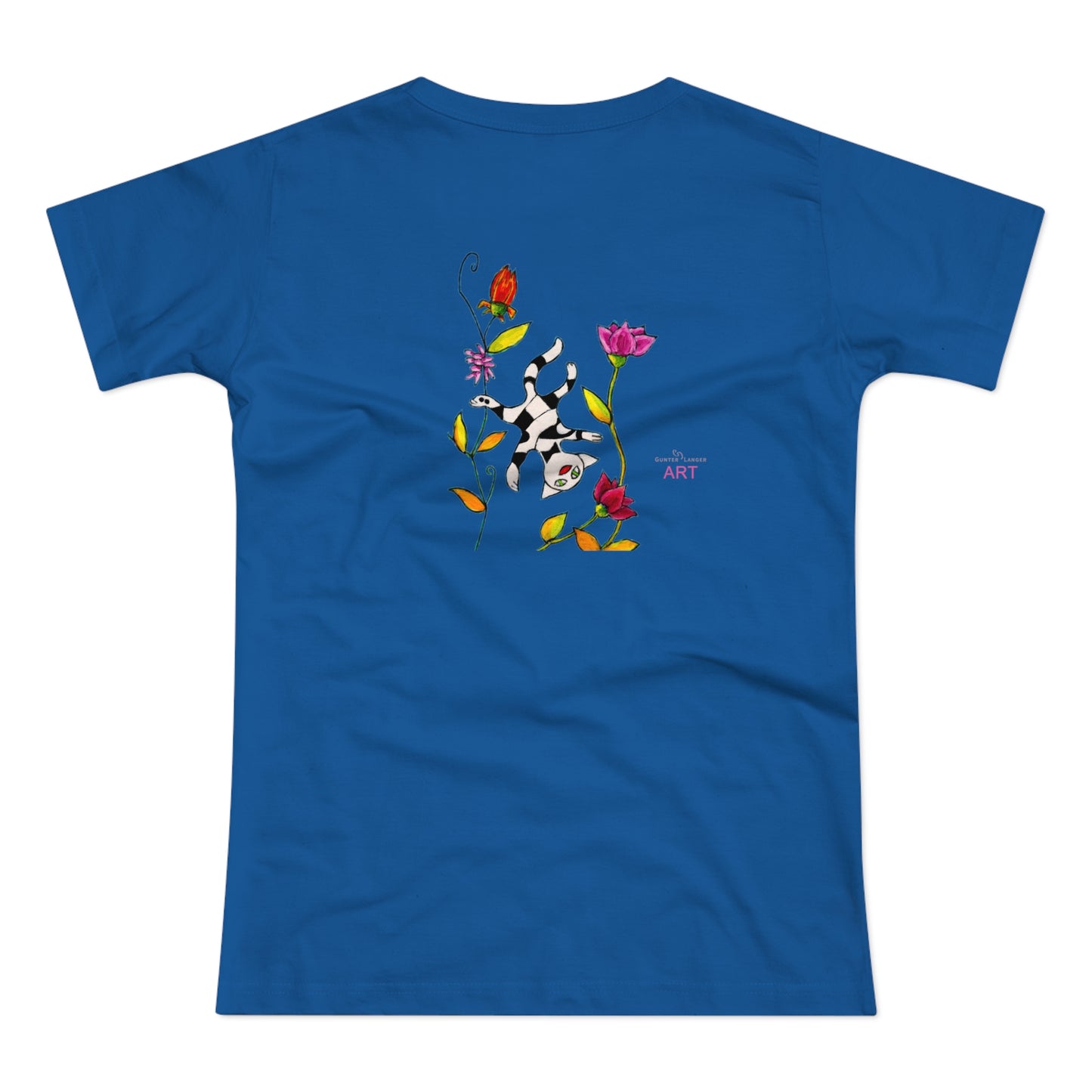 Single Jersey Women's T-shirt - dunkel - Motiv: Katze schwebt und Ranken, Vorderseite H 11 cm & Rückseite H 21,85 cm