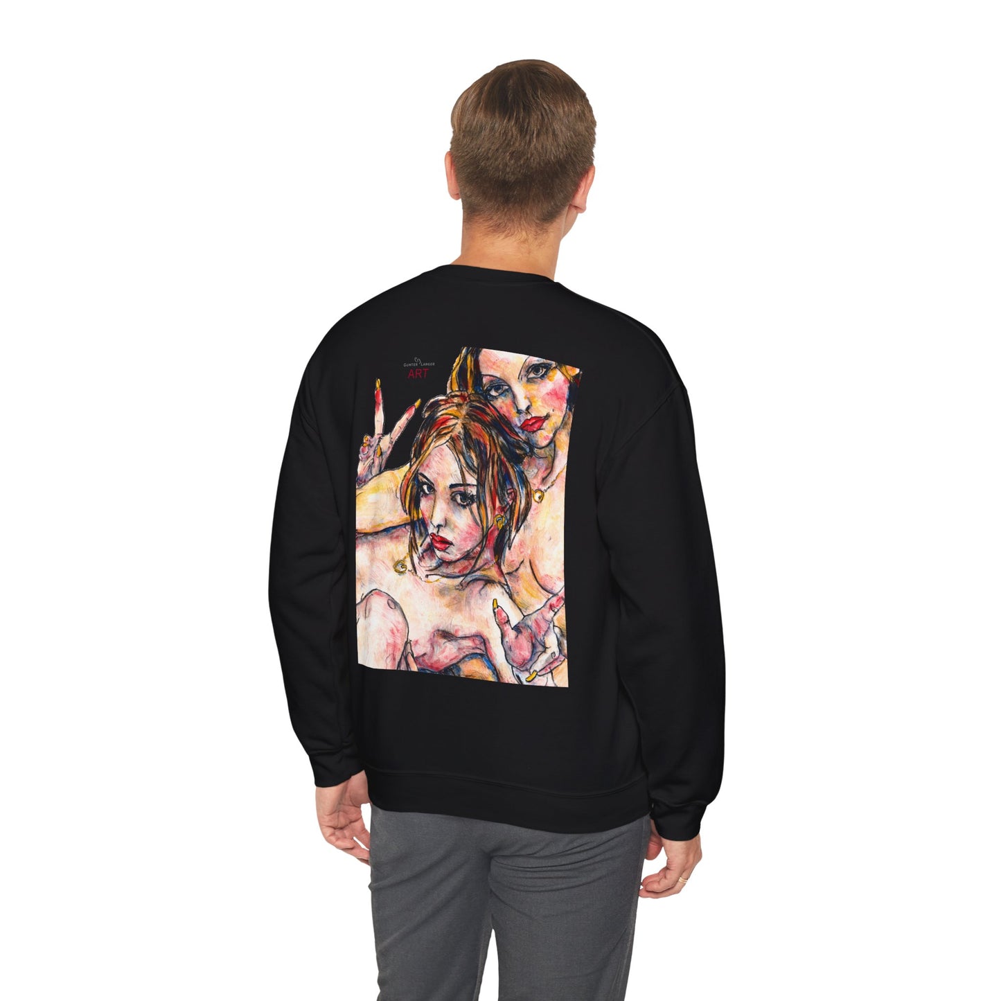 Unisex Heavy Blend™ Crewneck Sweatshirt - Motiv: Front Camilla (H 11,4 cm) & Rückseite Camilla / Leni, H 41 cm