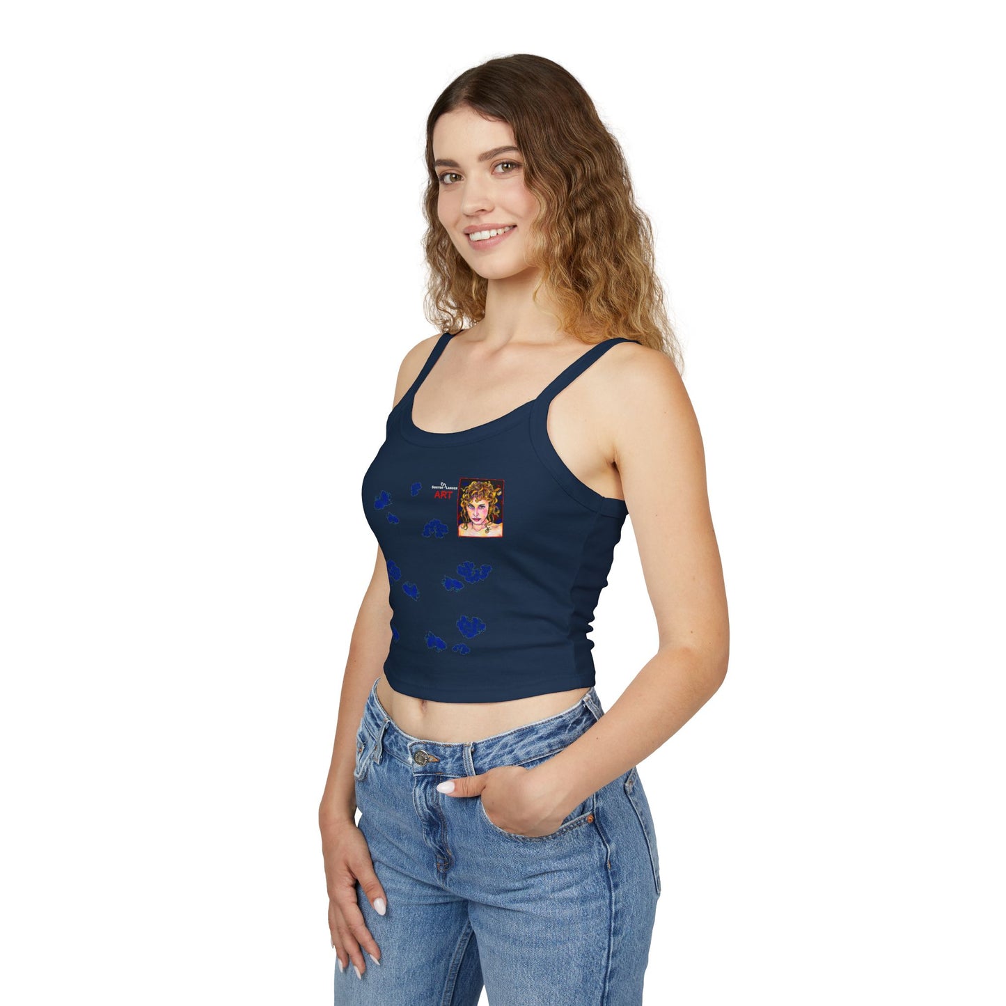 Women's Spaghetti Strap Tank Top - Motiv Front Antonietta, blaue Punkte & Rückseite Mikado