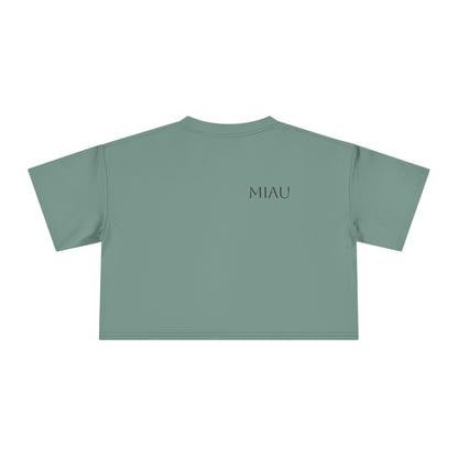 Women's Crop Tee - Motiv: Motiv: Front "Miau" klein, schwarz, H 8 cm, Rückseite "Miau"