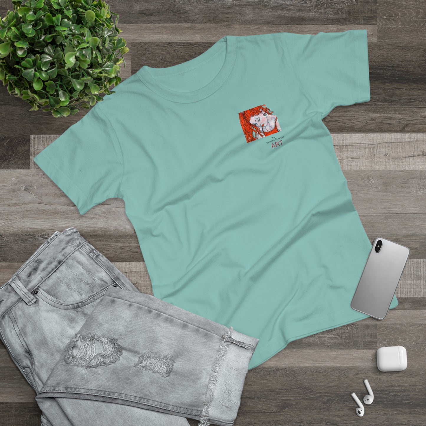 Single Jersey Women's T-shirt - hell - Motiv:  Front Julia, Ausschnitt 6,7 cm & Rückseite Julia, H 37 cm