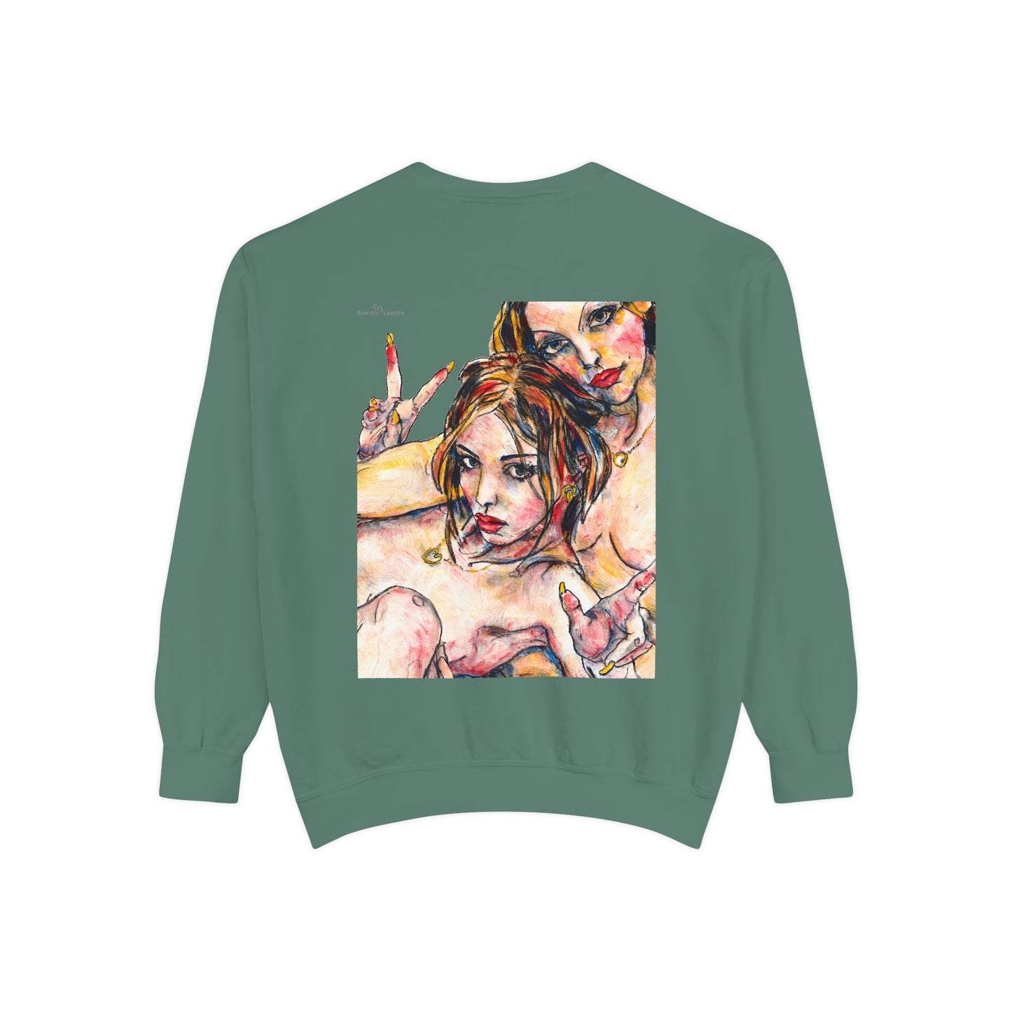 Unisex Garment-Dyed Sweatshirt - Motiv: Front Camilla (H 11,4 cm) & Rückseite Camilla / Leni, H 41 cm