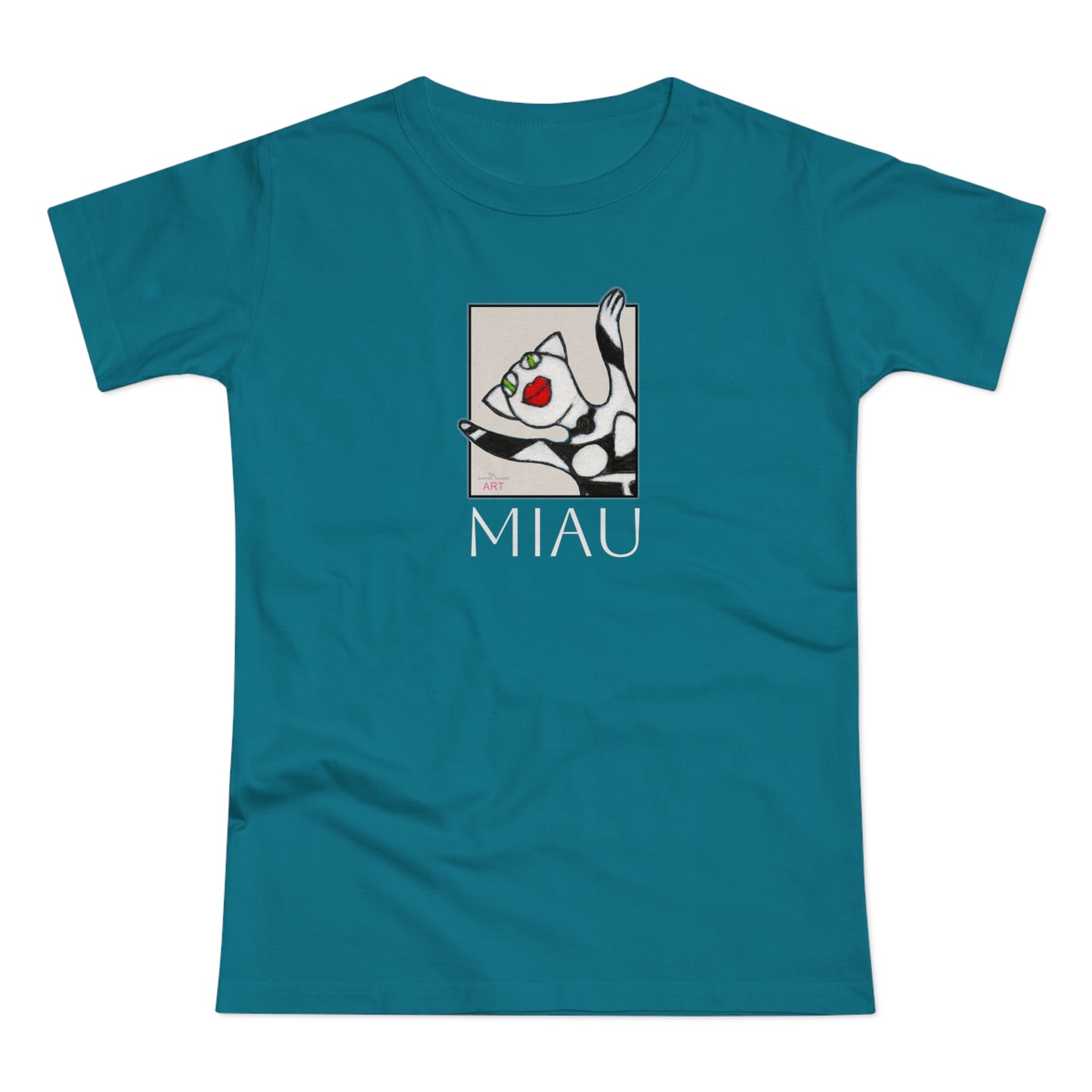Single Jersey Women's T-shirt - dunkel - Motiv: Front Miau, H 15,3 cm, Rückseite Miau, H27,94 cm